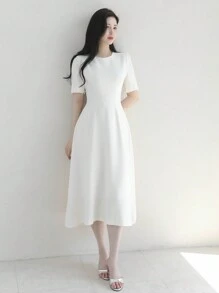 DAZY Women Solid Color Waist Slim Fit Round Neck Dress, White, Spring/Summer Sundress - White - View 6