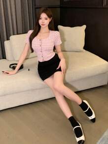 DAZY 女士格子方领短袖衬衫，适合派对和情人节穿着，露脐上衣，女士可爱上衣 - 粉色 - 查看 2