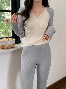 DAZY Color-Block Knit Dolman Sleeve Cropped Top & Home Leisure Shorts Set Pajama - Grey - View 5
