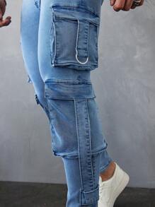 Manfinity LEGND Men's Light Blue Denim Cargo Pants Slim Fit Street Style