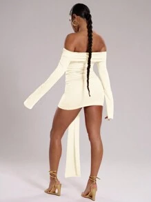 MUSERA Bardot Ruched Drape Mini Bodycon Dress Spring Elegant Pastel Summer Ibiza Outfit, Holiday Beach Vacation Concert Fall Night Out Birthday, Date Night Fall Party Casual Dress Party  Chic - Cream - View 2