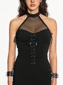 ROMWE Grunge Punk Váy dây lưới nối dây gợi cảm mùa hè dành cho nữ - màu đen - Xem 3