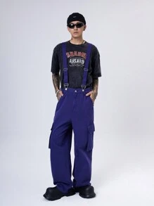 Manfinity Denimwave 男式深蓝色水洗牛仔宽松工装裤、休闲背带裤 - 深色水洗藍 - 查看 8