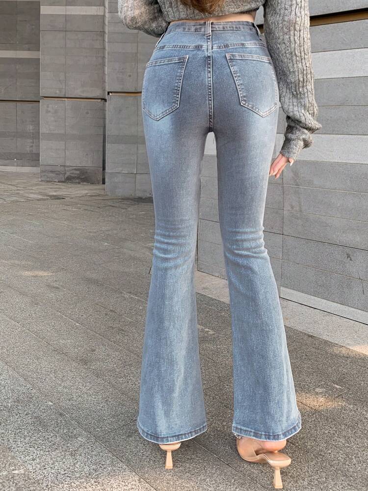 Solid Color Flared Denim Pants With Pockets, Casual Women Jeans