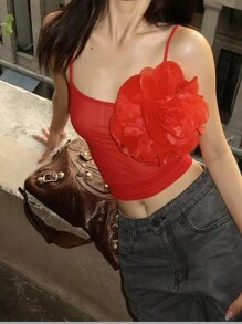 Roamenne Roamenne Women's Summer Fashion Slim Fit Cropped Camisole Top With 3D Flower Decoration - Red - View 1