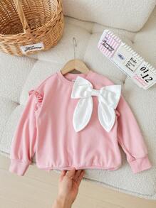 SHEIN Loose Round Neck Ruffle Trim Bowknot Pullover Sweatshirt For Young Girls - Pink - View 1