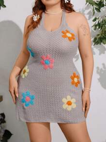 Sunnyshic Hand-Crocheted Floral Pattern Plus Size V-Neck Lace-Up Dress For Women