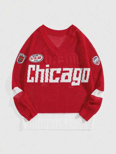 Jersey con cuello en V, diseño de letras y parches de detalles para hombres, escuela