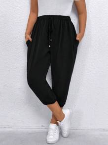 EMERY ROSE Plus Size Casual Solid Color Jogger Pants - Black - View 3