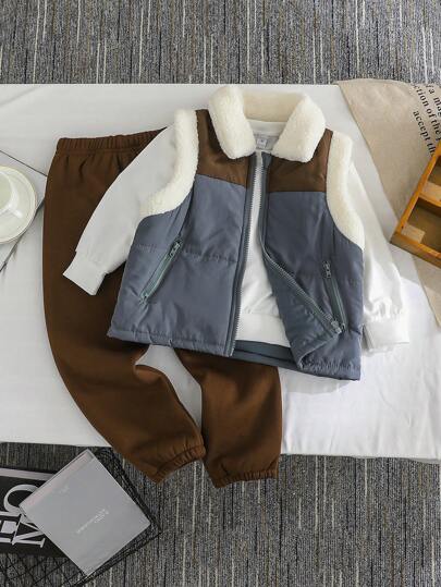 SHEIN 2 件装 Yong Boy Sherpa 领背心，带纯色连帽衫和松紧腰裤，适合户外、休闲、运动、上学、旅行