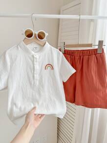 SHEIN 2 Piezas/set Camisa De Manga Corta Y Shorts Impresos Cómodos Y Casuales Para Niños Jóvenes