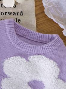 SHEIN Sudadera de punto con cuello redondo para niñas, en color morado, elegante, informal y cómoda con patrón de flores 3D. Ideal para el hogar, uso diario, escuela, actividades al aire libre y fiestas. Perfecta para otoño e invierno