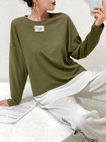 Mulvari Áo thun tay dài cổ tròn in chữ ngoại cỡ thường ngày dành cho nữ, Xuân Hè - màu xanh lá - Xem 6