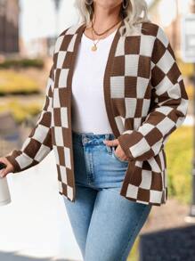 SHEIN LUNE 大码女式千鸟格印花针织开衫 - 卡其色 - 查看 3