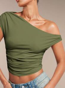 SHEIN BAE Women's Solid Color Ruched Asymmetric Shoulder Summer Blouse - Army Green - View 5