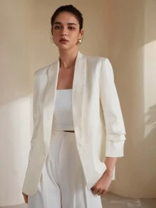 SHEIN Privé Áo khoác kiểu dáng công sở dành cho nữ có cổ chữ V Ruched Cuff thu thập thắt lưng - Màu be - Xem 8