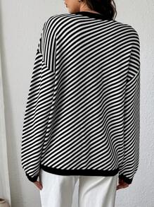 SHEIN LUNE Striped Casual Long Sleeve Pullover Sweater, Knit Pullover Fall Winter - Black and White - View 2