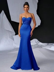 Glamrae Elegant Romantic Strapless Lace Embroidered Pearl Beaded Backless Adjustable Tie Waist Mermaid Hem Evening Party Dress Prom Semi Formal Wedding Guest Dress, For Birthday, Graduation, Homecoming