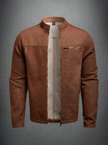 Manfinity Homme Chaqueta de motociclista ajustada de denim marrón oscuro para hombres