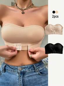 Elegant Front Buckle Strapless Bra With Padded Cups (2pcs Combo Set) - Multicolor - View 1
