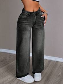 SHEIN PETITE Quần jean denim giản dị tối giản màu trơn dành cho nữ - màu đen - Xem 5
