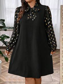 SHEIN Clasi Vestido casual de manga larga con estampado de lunares y decoración de moño para mujeres de talla grande
