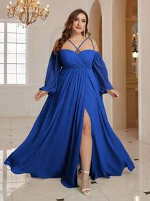 SHEIN Belle Off-Shoulder Long Sleeve Elegant Bridesmaid Dress Plus Size Bridesmaid Dress - Royal Blue - View 1
