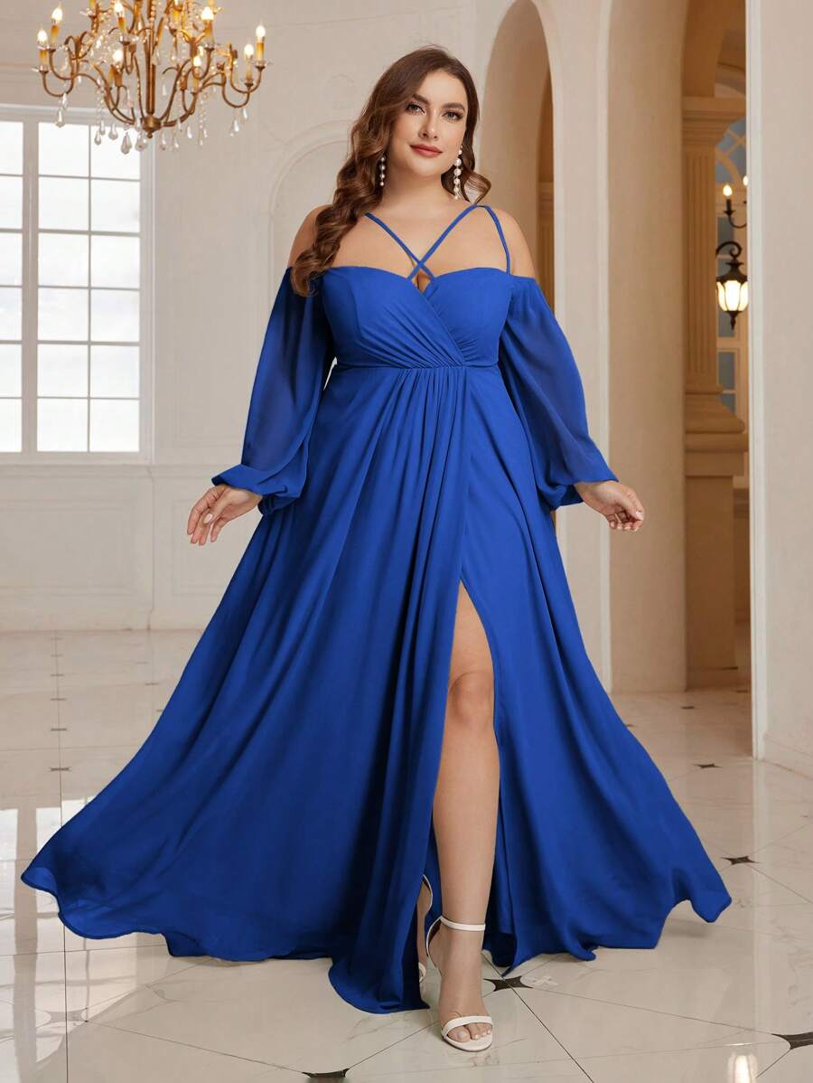 SHEIN Belle Off-Shoulder Long Sleeve Elegant Bridesmaid Dress Plus Size Bridesmaid Dress - Royal Blue - View 1