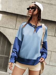 Bohemela Women's Colorblock Crew Neck Blue Sweatshirt, Autumn