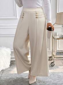 Flirla Plus Size Women's Solid Color Casual Pants With Button Decor - Apricot - View 5