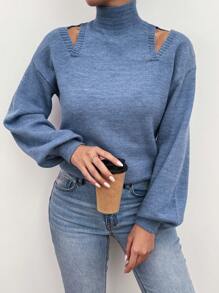 Chiquease Women's Solid Color Simple Everyday Hollow Out High Neck Long Sleeve Sweater Knit Pullover Fall Winter Outfit - Blue - View 5