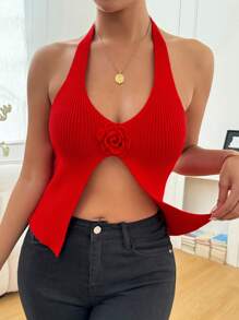 SHEIN Unity 3D Floral Decor Tie Back Knit Halter Neck Casual Top - Red - View 3