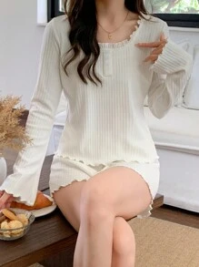 DAZY Ribbed Knit Fabric Homewear Set With Wavy Hem Pajama - White - View 5