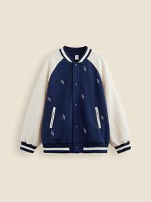 SHEIN Áo khoác Varsity dài tay dệt kim họa tiết Lightning Graphic Color Block dành cho bé trai tuổi mới lớn, phong cách thể thao đại học, mùa thu/đông - Màu xanh lam - Xem 1