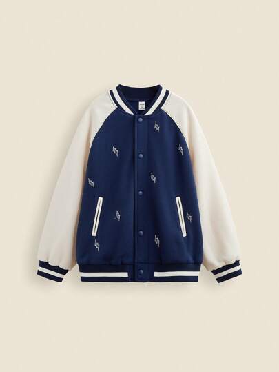 SHEIN Tween Boys' Lightning Graphic Color Block Knit Long Sleeve Varsity Jacket, Sports College Style, Autumn/Winter