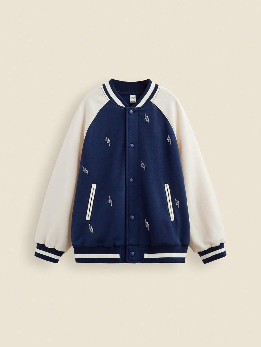 SHEIN Áo khoác Varsity dài tay dệt kim họa tiết Lightning Graphic Color Block dành cho bé trai tuổi mới lớn, phong cách thể thao đại học, mùa thu/đông - Màu xanh lam - Xem 1