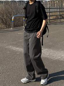 DAZY Pantalones casuales sencillos de unicolor para hombres, otoño - Gris Oscuro - Ver 6