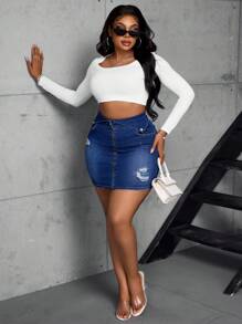 Slaydiva Minifalda vaquera informal con cremallera delantera slim y rasgada para tallas grandes en verano - Azul lavado oscuro - Ver 3