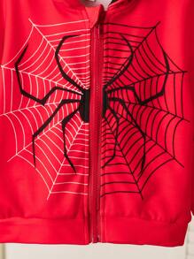 SHEIN Girls' Spider Web Pattern Print Casual Loose Hooded Long Sleeve Jacket, Suitable For Party And Gathering