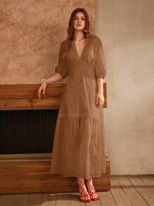Anewsta Gaun Maxi Wanita Elegan Panjang Hingga Lantai dengan Leher V dan Hem Berumbai - Coffee Brown - View 7