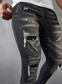 Manfinity LEGND Men's Black Denim Vintage Distressed Color Block Skinny Jeans - Black - View 5