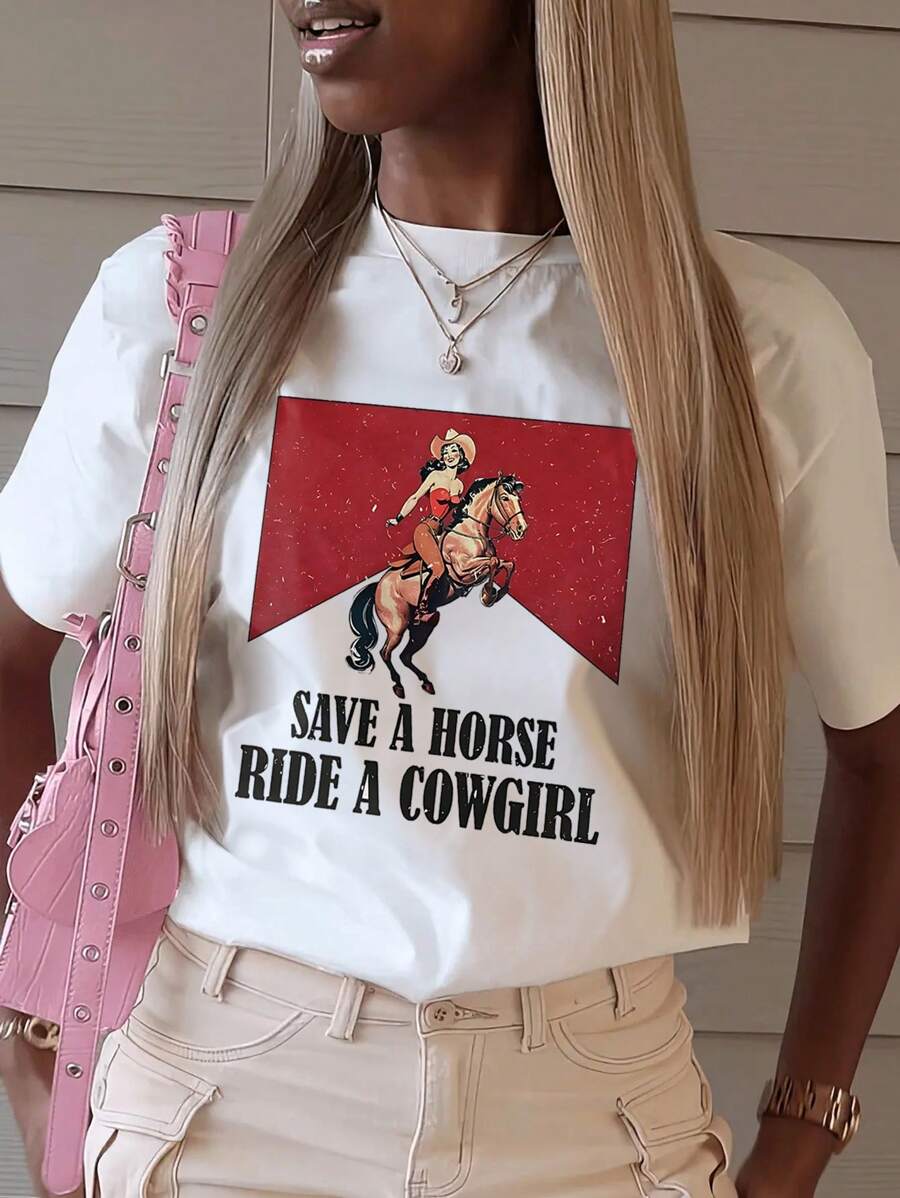 INAWLY 大码女式夏季口号与骑士印花圆领短袖休闲 T 恤图案 T 恤女式上衣