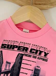 Baby Girl Round Neck Scenery City Printed Long Sleeve T-Shirt And Solid Color Jeans Casual Outfit Set