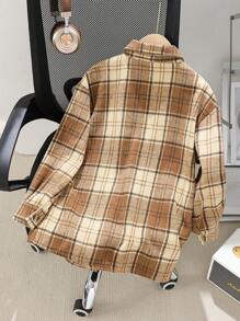 Jaket Kemeja Flanel Panjang Hangat untuk Anak Perempuan dengan Motif Beruang, Angka & Hati - Coffee Brown - View 2
