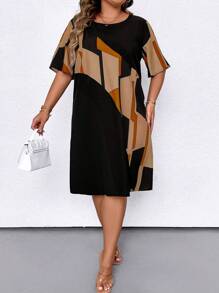 EMERY ROSE Plus Size Women's Color Block Floral Print Round Neck Short Sleeve Casual Dress, For Summer - Yellow - View 6