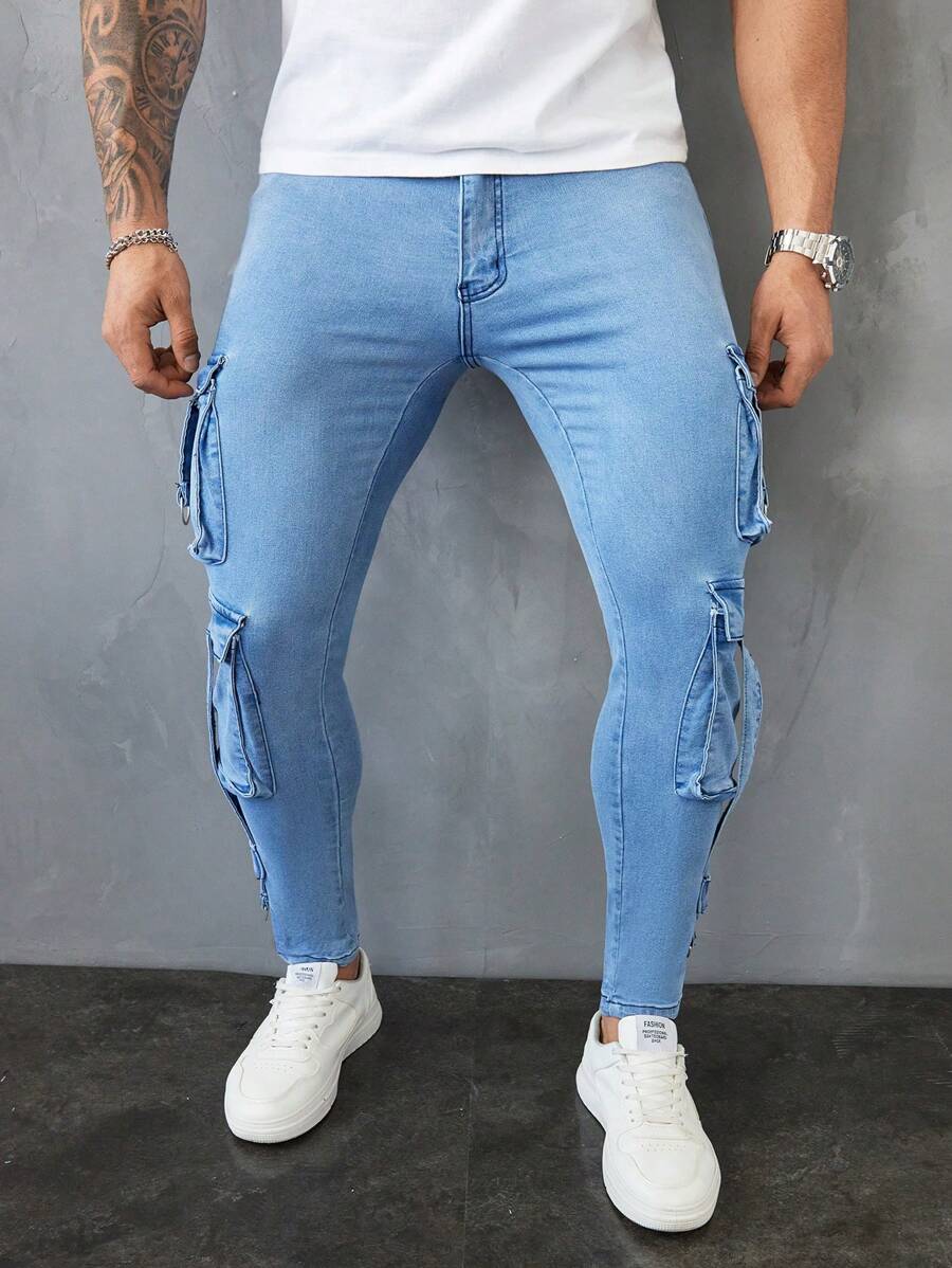 Manfinity LEGND Men's Light Blue Denim Cargo Pants Slim Fit Street Style