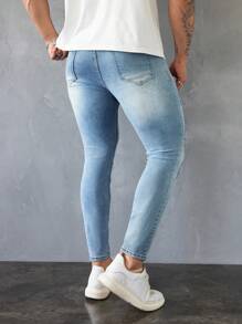 Manfinity LEGND Men Distressed Light Blue Retro Washed Skinny Jeans - Light Wash - View 2