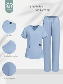 TaskEZ 2-delig verpleegsteruniform met V-hals, korte mouw en broek, damesscrubsset, effen kleur