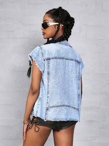 Women's Summer Patchwork Fringed Zipper Front Sleeveless Casual Denim Blouse - Blue - View 3