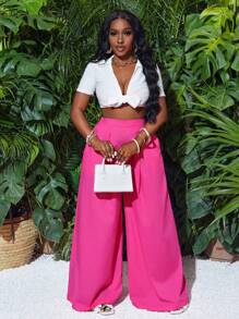 Slaydiva Women Rose Red Casual Palazzo Pants - Hot Pink - View 3